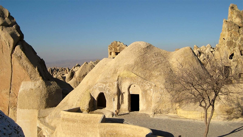 Exterior view of Barbara Church carved into tuff rock in Göreme Open-Air Museum