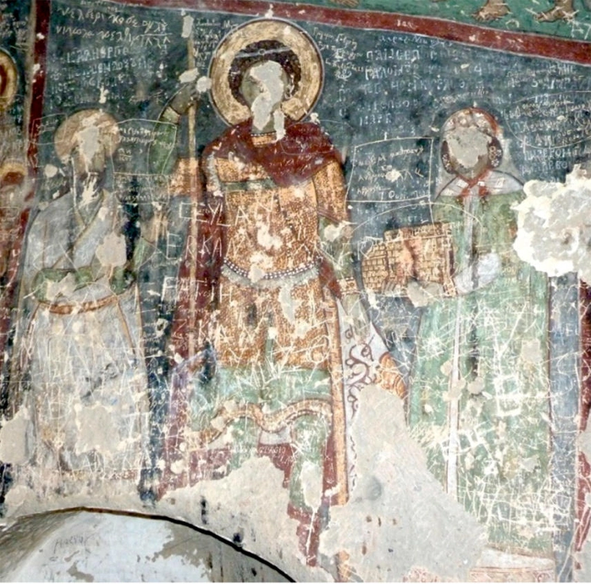 Byzantine fresco of St. George slaying the dragon in Belisırma Church