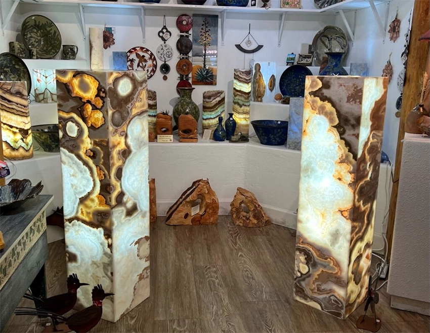 Onyx stone lamps glowing with natural colors in Cappadocia