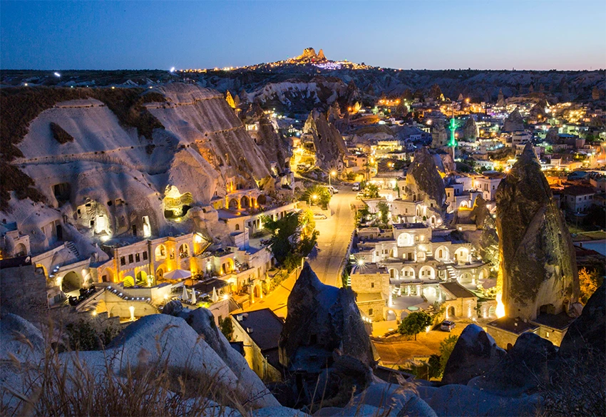 Göreme town with fairy chimneys and cave hotels