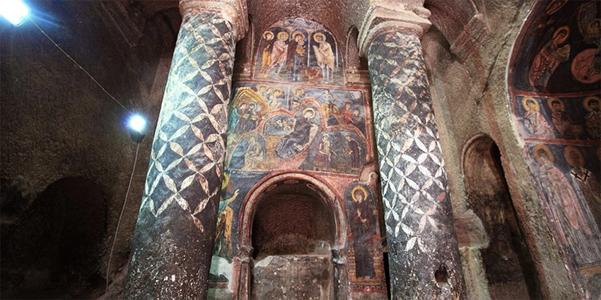 Frescoes of Christ Pantocrator and Virgin Mary inside Gümüşler Monastery