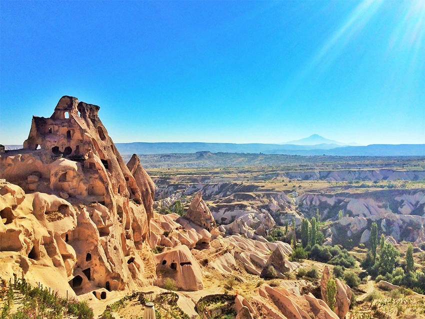 Layered tuff and basalt formations in Cappadocia