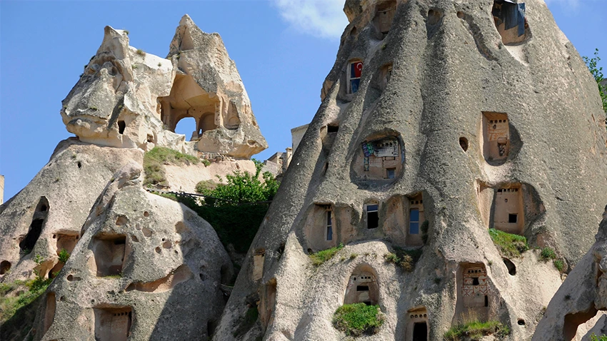 Tunnels and carved interior of Uçhisar Castle