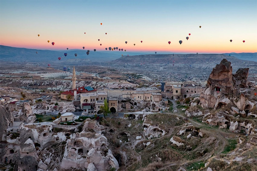 View from Uçhisar Castle over Pigeon Valley and Mount Erciyes