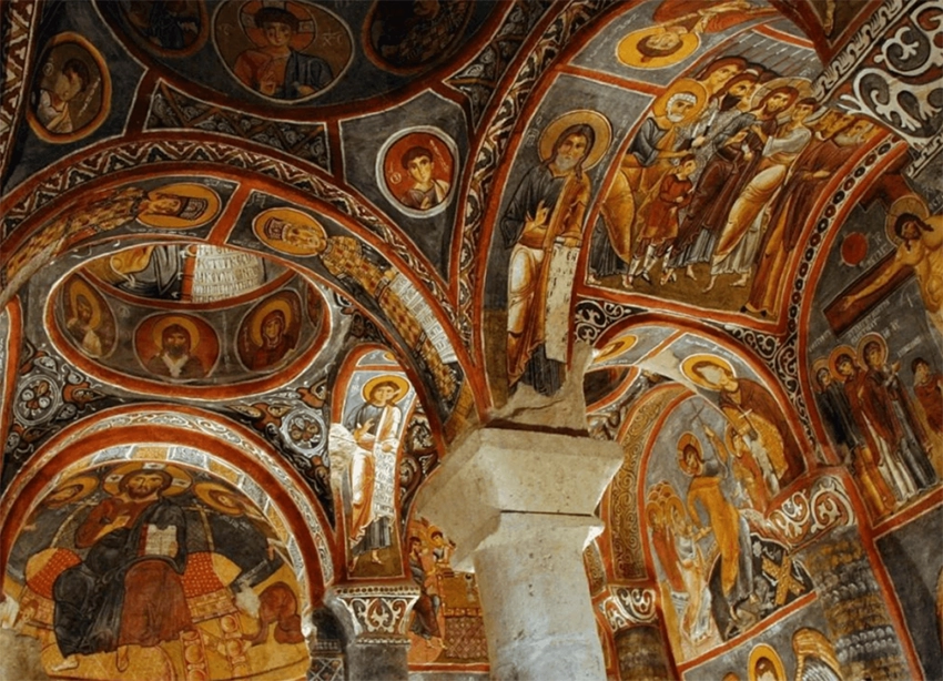Virgin Mary Church frescoes depicting Annunciation and Dormition scenes
