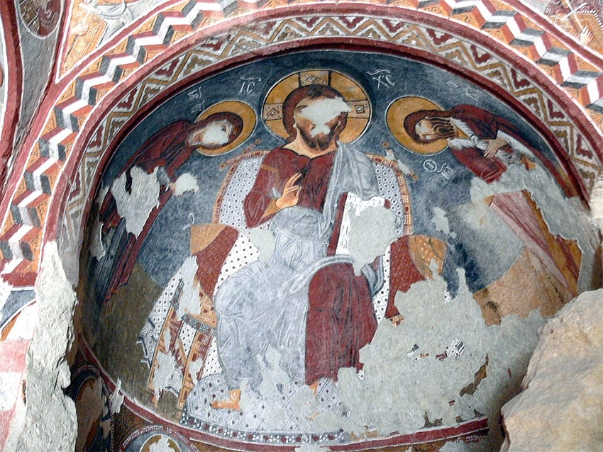 Snake-women fresco scene inside Yilanli Church in Cappadocia