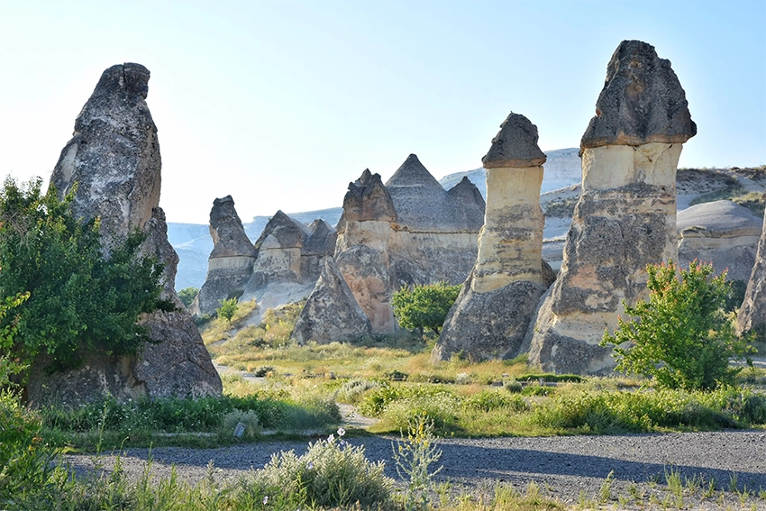 Zemi Valley overview with fairy chimneys, tunnels, and spring blossoms near Göreme