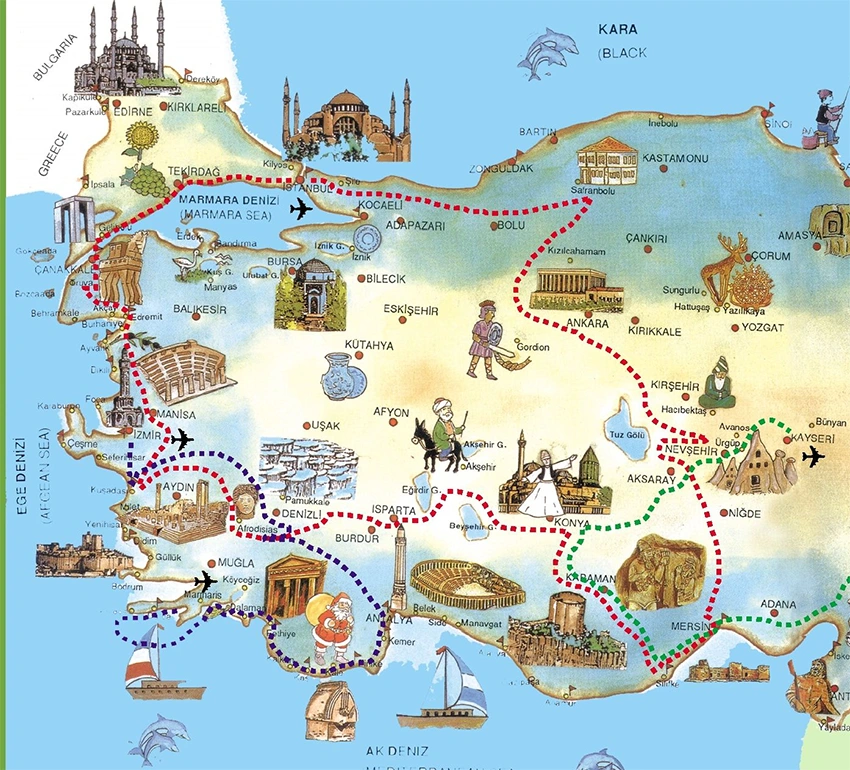 Anatolia route map with Bursa, Eskişehir, Konya, Aksaray, Tuz Gölü