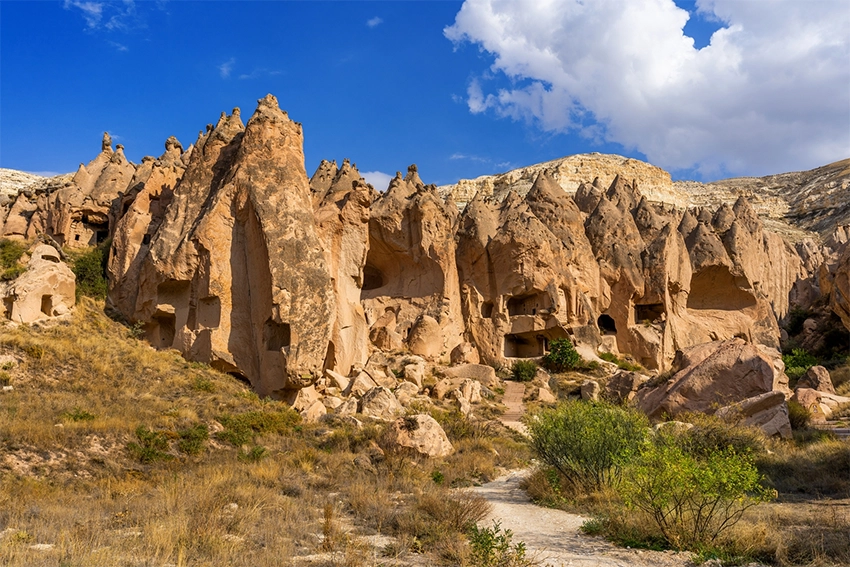 Zelve Valley overview with three interconnected valleys and cave dwellings