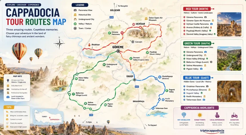 Red Tour, Green Tour and Blue Tour routes in Cappadocia