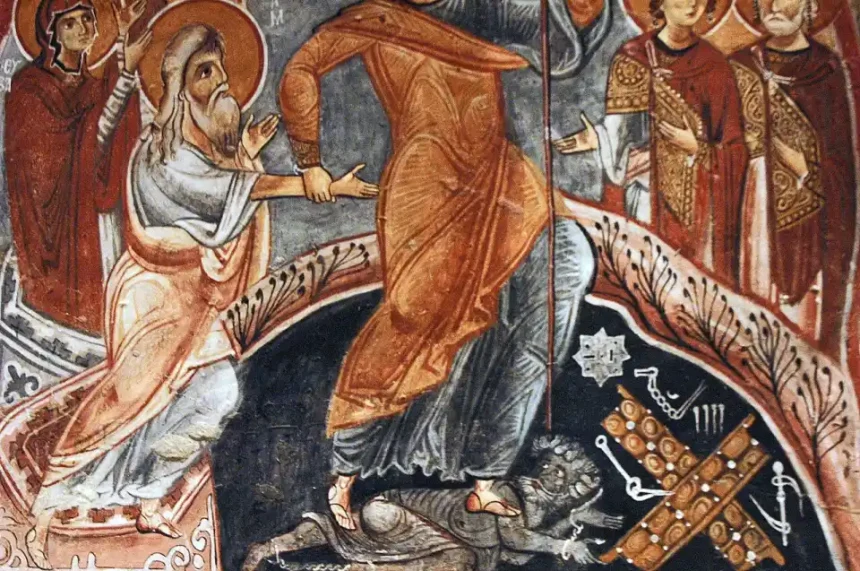 Anastasis fresco showing Christ raising Adam and Eve inside Dark Church