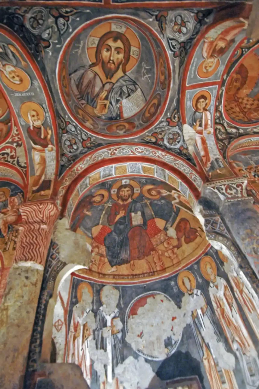 Deisis fresco showing Christ, the Virgin Mary and John the Baptist inside Dark Church