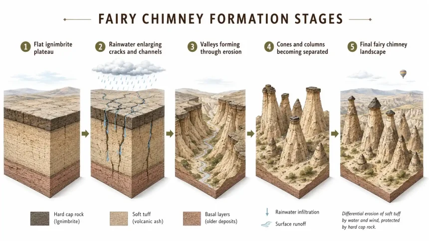 Diagram showing the formation stages of Cappadocia fairy chimneys
