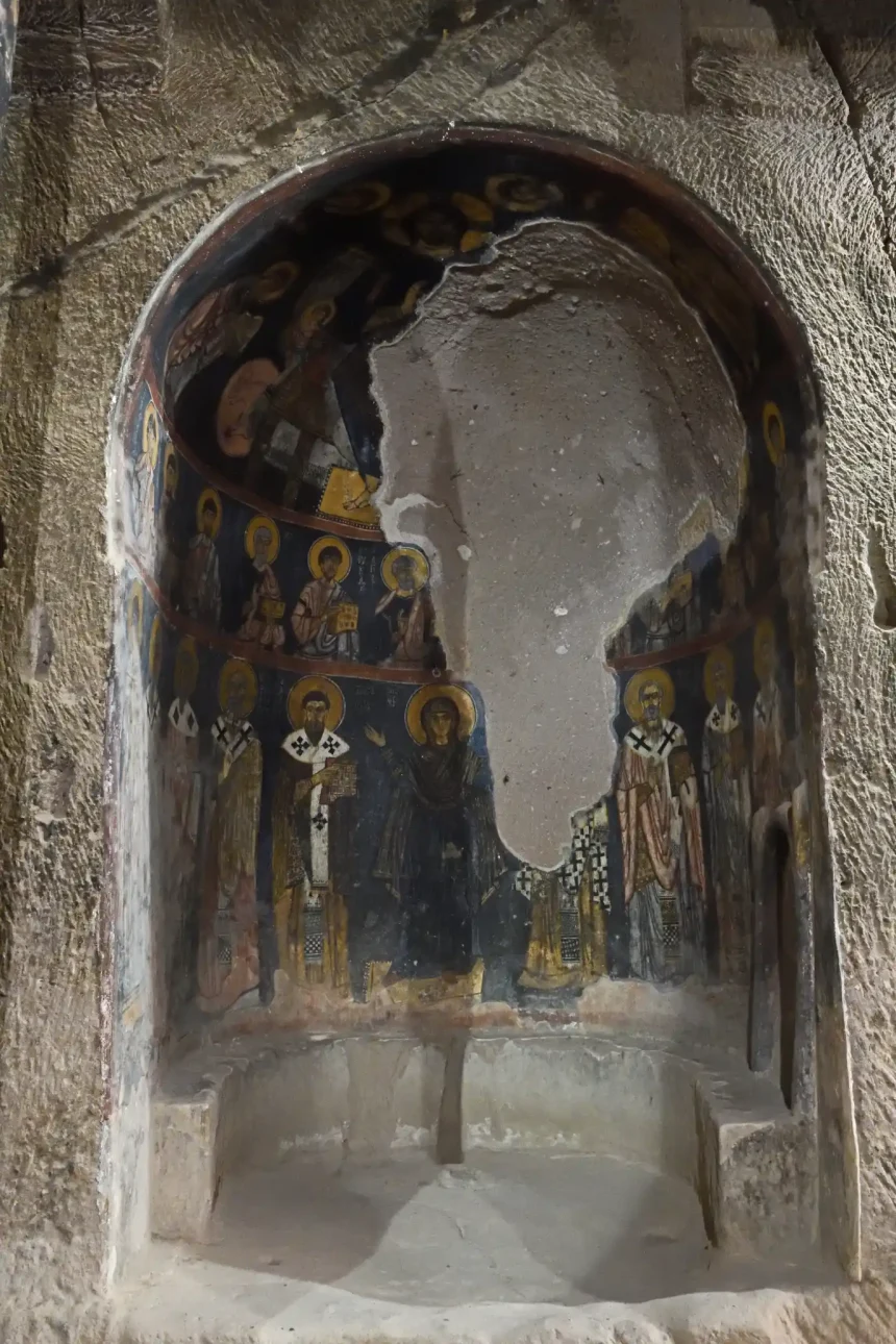 Frescoes of the Cappadocian Fathers inside Gümüşler Monastery