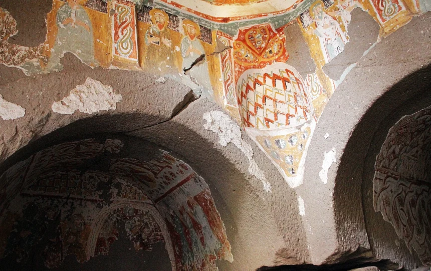 Rock-cut interior and dome paintings inside Ağaçaltı Church in Ihlara Valley