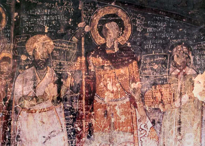Saint George frescoes and donor inscription inside Kırkdamaltı Church near Belisırma