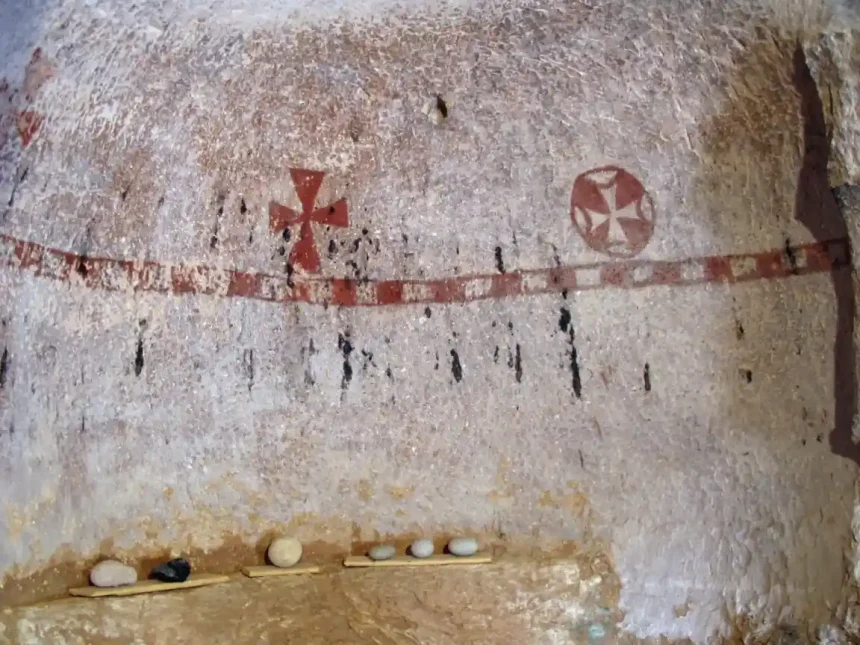 St. Jean Kilisesi alt katındaki kırmızı geometrik ve figürsüz bezemeler
