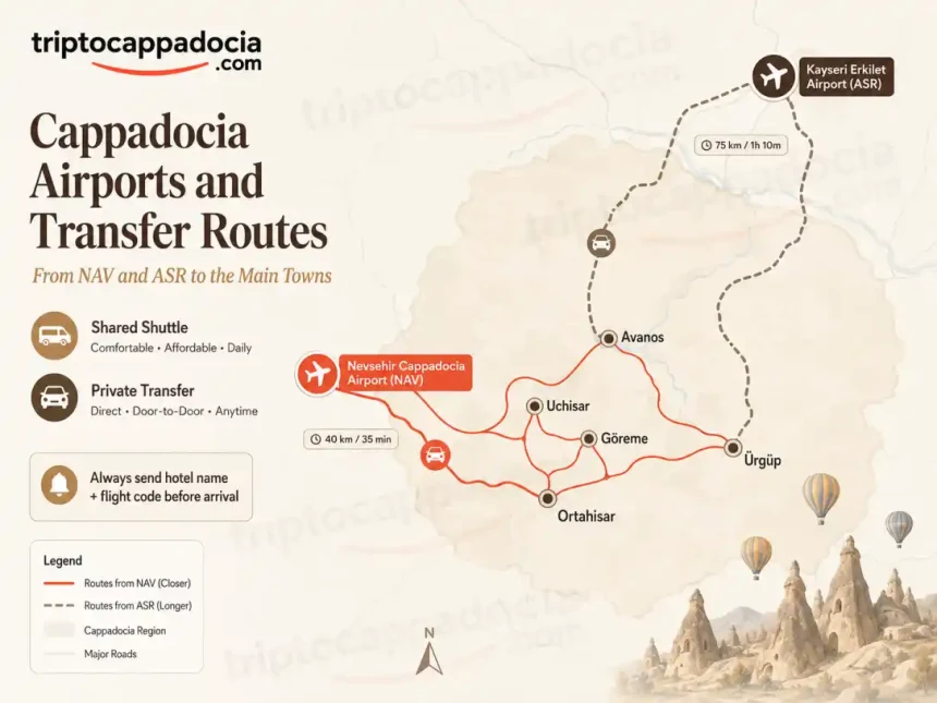 Nevşehir ve Kayseri havalimanlarından Kapadokya yerleşimlerine transfer rotaları